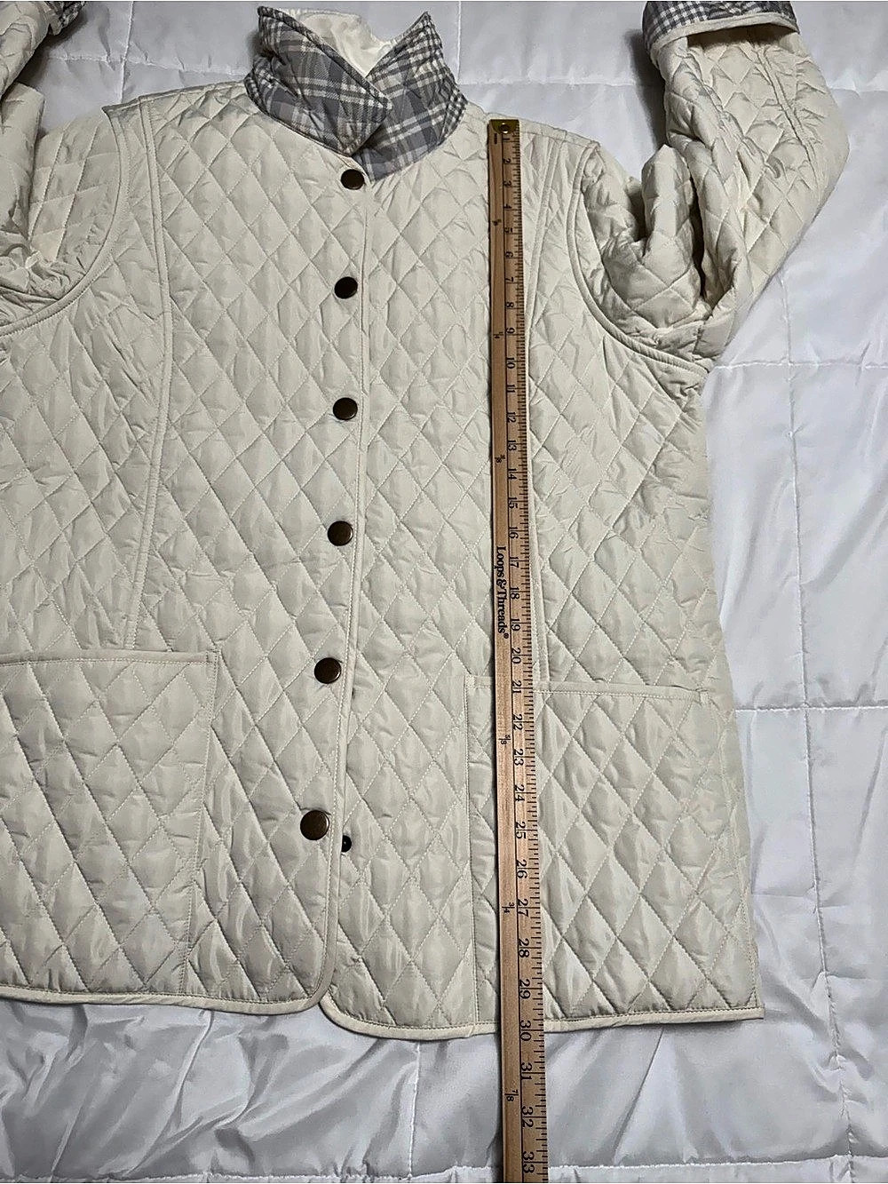 Joan Rivers Quilted Barn Coat with Plaid Lining in Cream - Picture 7 of 7